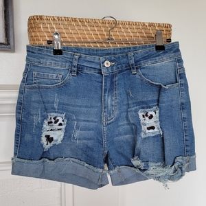 Leopard Patchwork Denim Rolled Hem Shorts Women's Size M